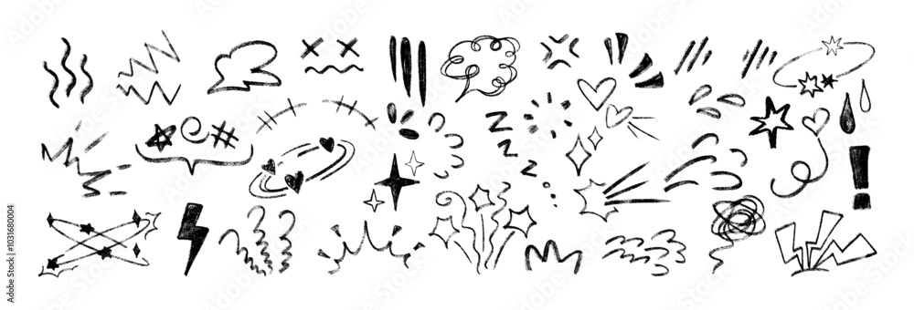Fototapeta premium Line movement elements, anime manga doodle set. Black crayon comic emotion symbols, emoji icons. Hand drawn chalk pencil explosion effect, charcoal expression signs, action lines or exclamation marks