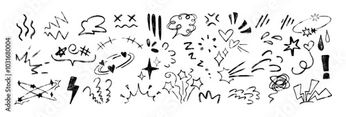 Line movement elements, anime manga doodle set. Black crayon comic emotion symbols, emoji icons. Hand drawn chalk pencil explosion effect, charcoal expression signs, action lines or exclamation marks