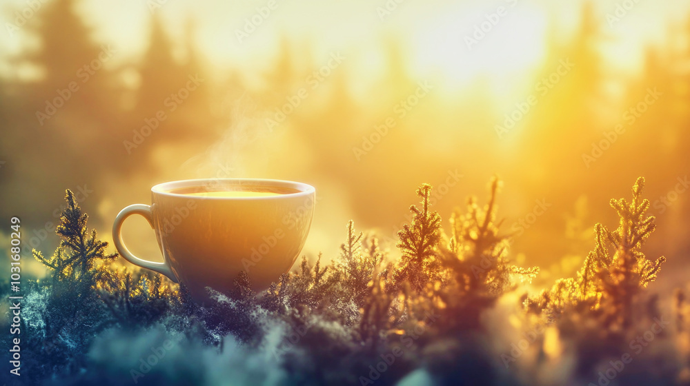 A mystical porcelain coffee cup surrounded by miniature trees in a dreamy dawn landscape A mystical porcelain coffee cup surrounded by miniature trees in a dreamy dawn landscape