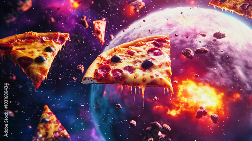 Floating pizza slices orbiting a cheesy planet in a colorful cosmic atmosphere filled with comets