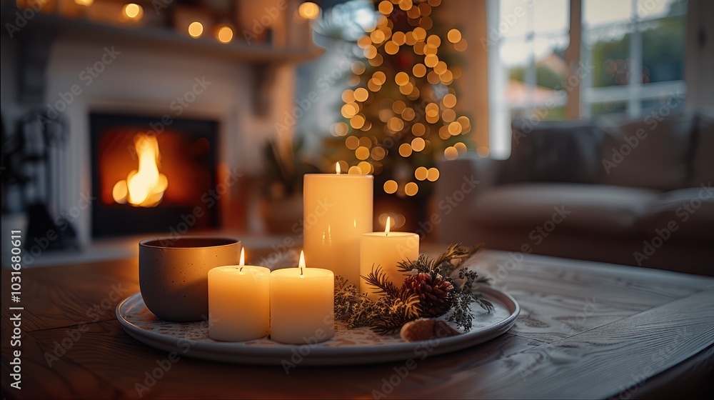 A cozy living room with warm, flickering candles on an elegant tray in the foreground and a gently burning fireplace in the background. A cozy living room with warm, flickering candles on an elegant tray in the foreground and a gently burning fireplace in the background.