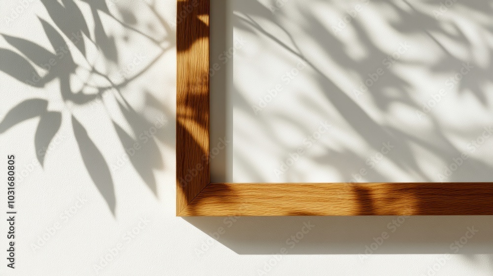 Fototapeta premium Wooden Frame Corner with Leaf Shadows on White Wall
