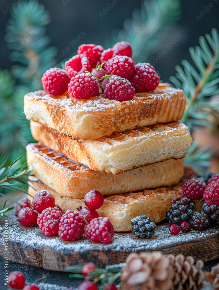 Delicious christmas waffles with berries and powdered sugar for national french toast day Delicious christmas waffles with berries and powdered sugar for national french toast day