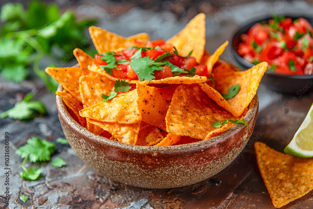 Bowl overflowing with tortilla chips and salsa celebrating national nachos day Bowl overflowing with tortilla chips and salsa celebrating national nachos day