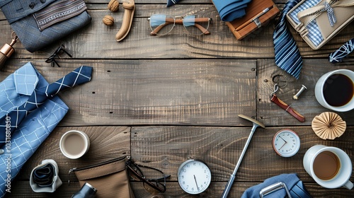 Flat lay of men's accessories and coffee cups arranged in a circle on a wooden background with copy space.