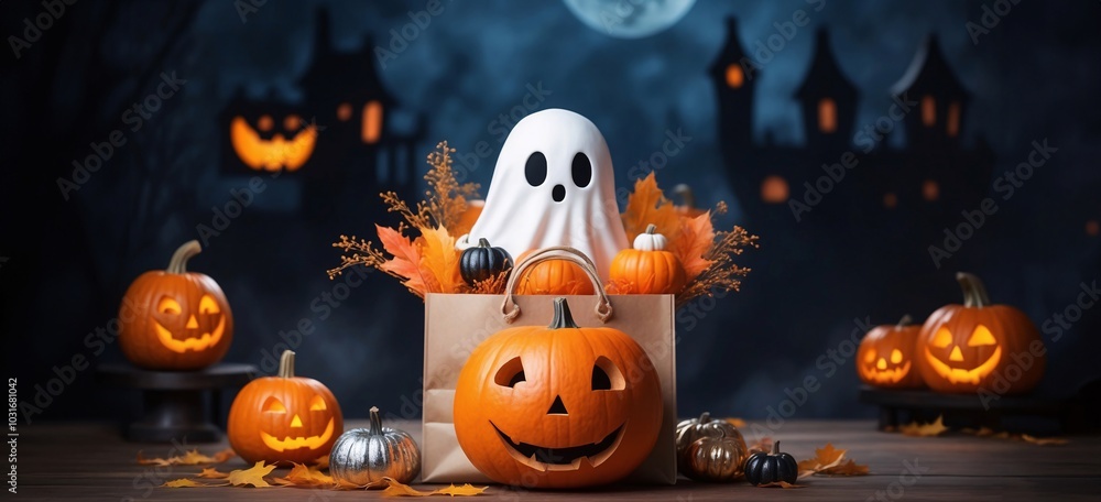 Happy Halloween party poster. Pumpkin in 3d illustration style. Frame, night clouds, Witch cauldron, spider web, flying ghost bat. Place for text. Brochure layout template background, night background Happy Halloween party poster. Pumpkin in 3d illustration style. Frame, night clouds, Witch cauldron, spider web, flying ghost bat. Place for text. Brochure layout template background, night background