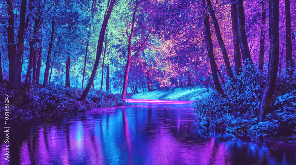 Obraz premium A vibrant forest with neon green trees and a glowing purple-blue river under soft ethereal light