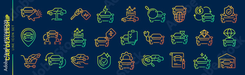 Auto sale dealership line gradient icons. Automotive industry, car dealers, vehicle production center linear set. Rental service, automobile repair shop, purchase agreement or transportation insurance