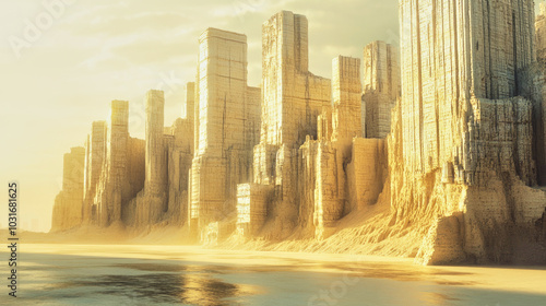 Massive skyscrapers built from compressed earth and sand blend with the horizon in soft sunlight photo