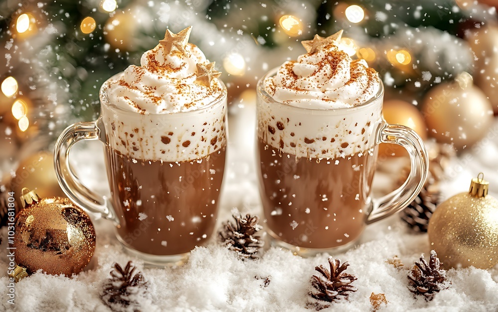 Cozy Christmas café setting with warm drinks and decorations, placed on a soft snow-covered background. Cozy Christmas café setting with warm drinks and decorations, placed on a soft snow-covered background.