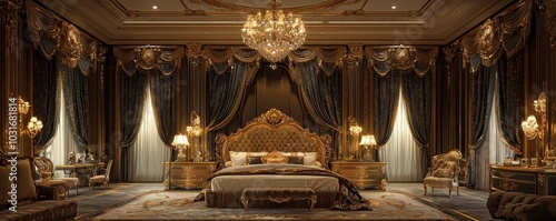 Luxurious bedroom with a king-size bed, velvet headboard, gold accents, and chandelier lighting, [Furniture], [Luxury interior]