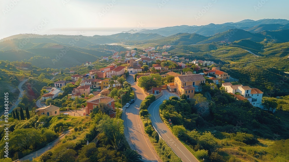 Aerial view of a hilltop town and surrounding hills on a sunny day. Aerial view of a hilltop town and surrounding hills on a sunny day.