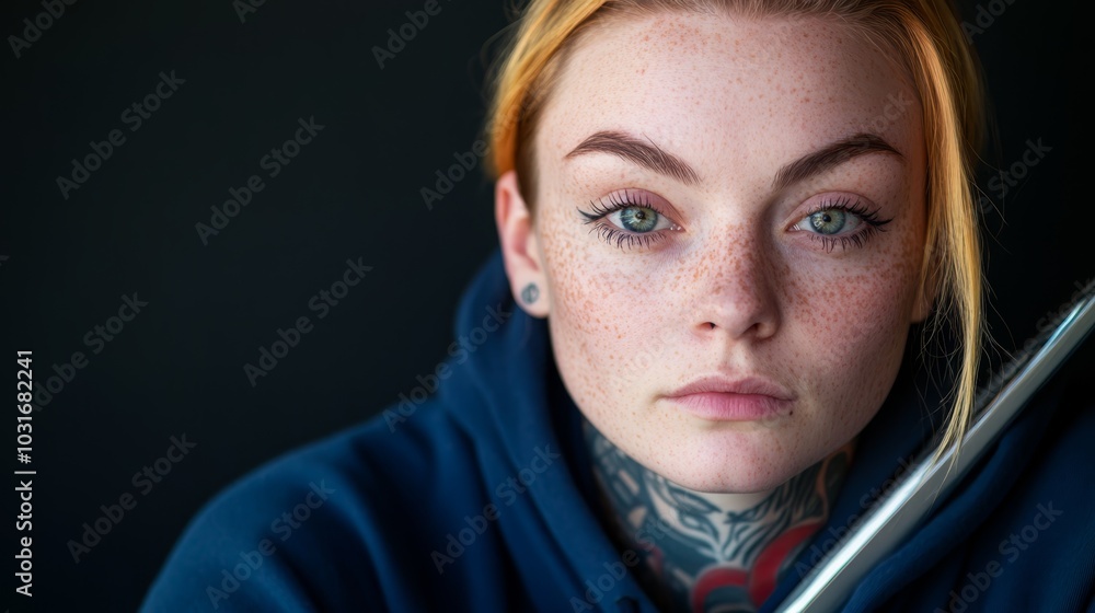 A tight shot of a person with a facial tattoo, their face expressive, a sword pointed directly at their face against a backdrop of absolute black A tight shot of a person with a facial tattoo, their face expressive, a sword pointed directly at their face against a backdrop of absolute black