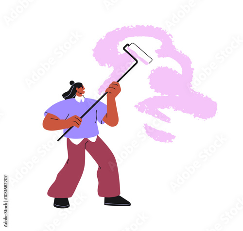 Painter painting wall with roller during home renovation. Decorator decorating with paint. Interior improvement, work process, creative service. Flat vector illustration isolated on white background