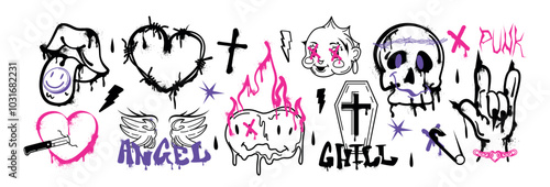 Spray paint graffiti element set. Street art gothic skull head, pierced heart, barbed wire, mouth with tongue, coffin with cross. Grunge ink stickers, hand gesture, trippy funny flaming melting smiles