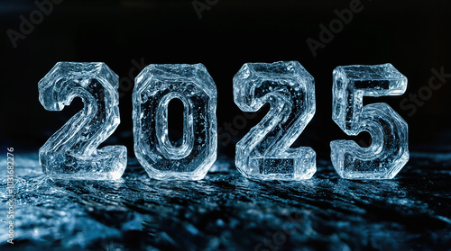 A set of four ice cubes with the number two thousand twenty-five written on them. The cubes are arranged to form the letters of the number, creating a unique and creative design. 3D