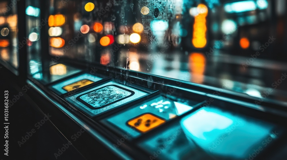 Close-up of Blue and Yellow Buttons on a Window with Defocused City Lights in the Background Close-up of Blue and Yellow Buttons on a Window with Defocused City Lights in the Background