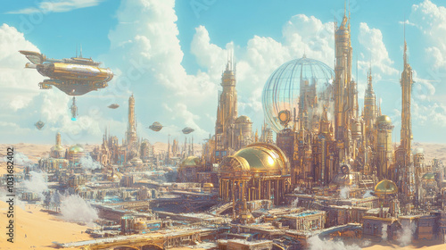 A vibrant retro-futuristic city with brass towers and steam engines, surrounded by a desert under a transparent dome