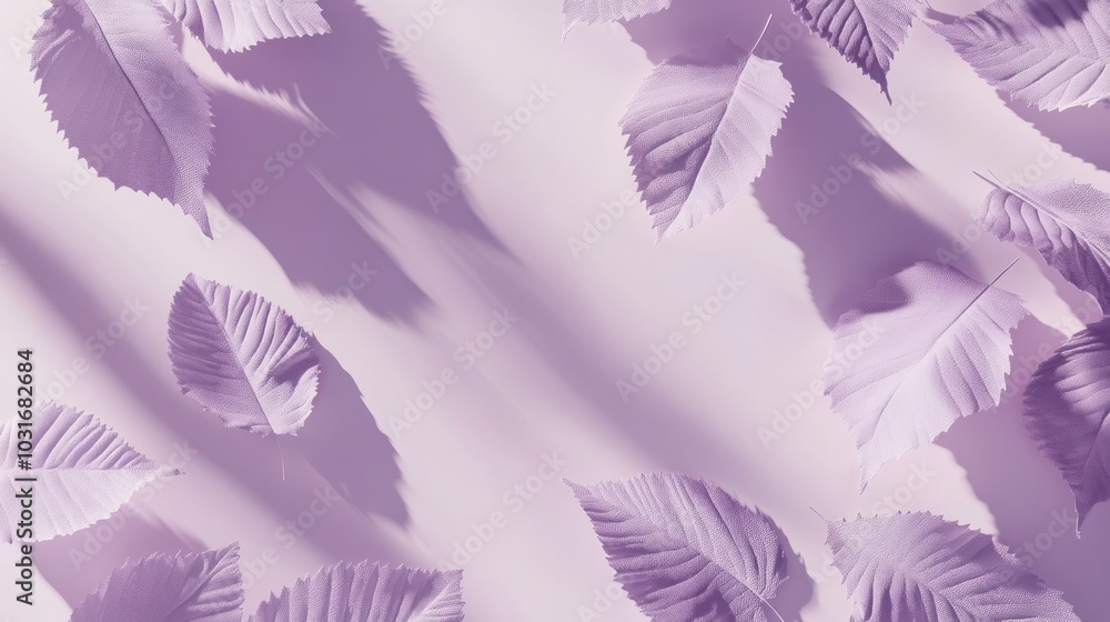 A serene arrangement of pastel purple leaves casting soft shadows on a light background. A serene arrangement of pastel purple leaves casting soft shadows on a light background.