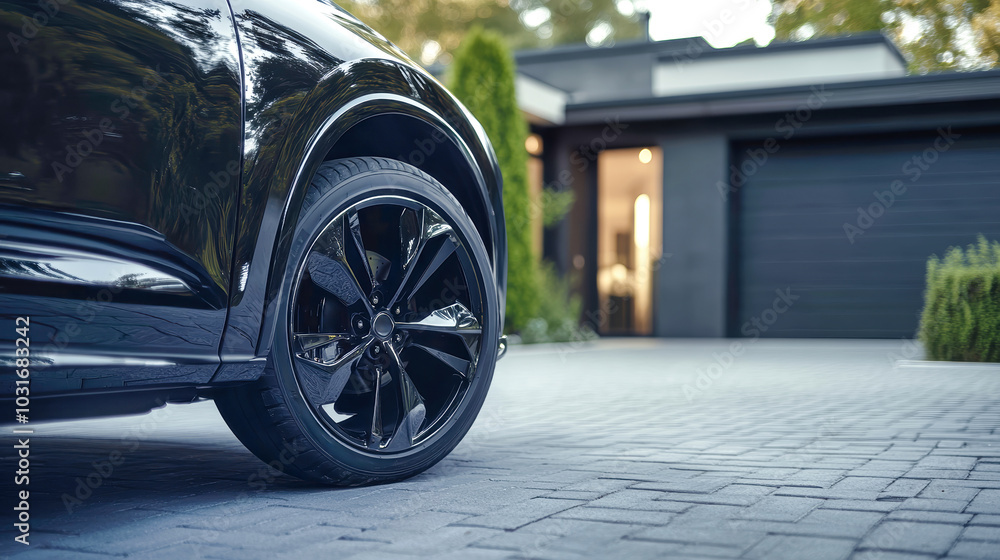 Close-up view of luxury SUV wheels on asphalt driveway near a modern villa with cinematic lighting and a sleek design Close-up view of luxury SUV wheels on asphalt driveway near a modern villa with cinematic lighting and a sleek design