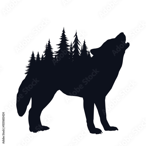 Silhouette of  barking wolf with forest.