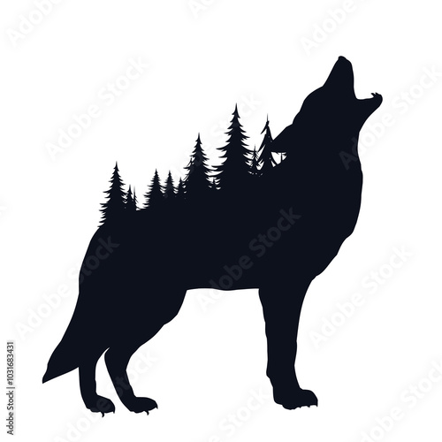 Silhouette of  barking wolf with forest.