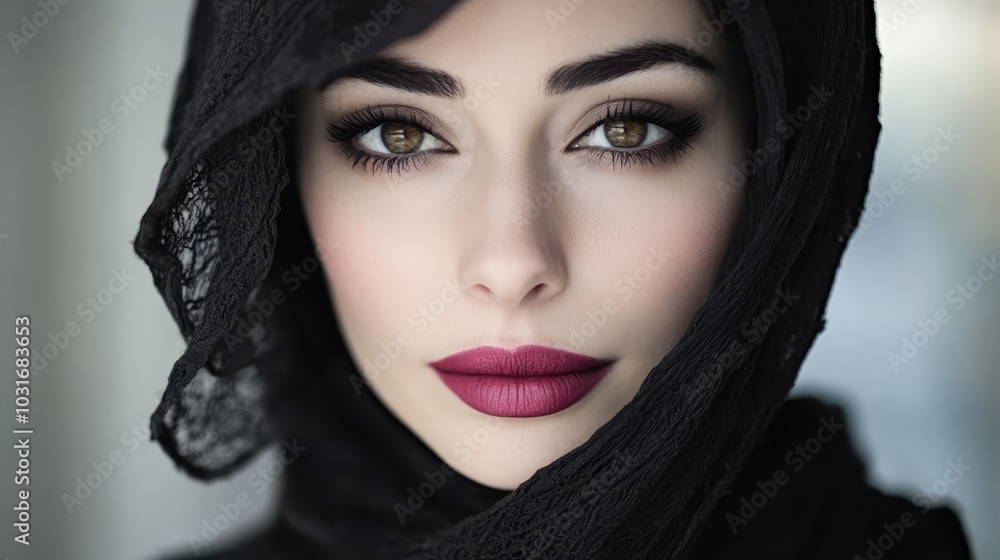 A tight shot of a woman in a hijab with closed eyes and applied red lipstick A tight shot of a woman in a hijab with closed eyes and applied red lipstick