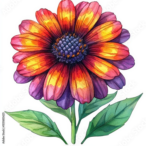 Watercolor Painting of a Vibrant Red and Yellow Flower with Green Leaves Isolated on White