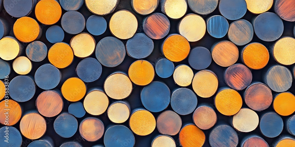 Aerial shot captures the meticulous arrangement of stacked colorful logs, highlighting wood texture and intricate. Aerial shot captures the meticulous arrangement of stacked colorful logs, highlighting wood texture and intricate.