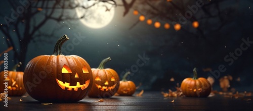Happy Halloween party poster. Pumpkin in 3d illustration style. Frame, night clouds, Witch cauldron, spider web, flying ghost bat. Place for text. Brochure layout template background, night background