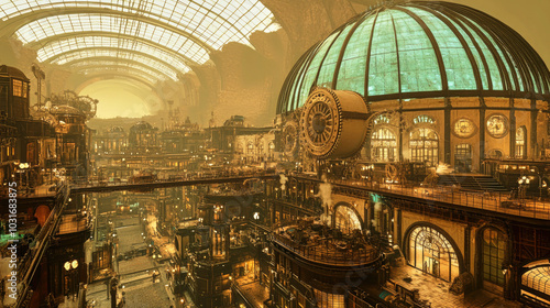 Fototapeta Naklejka Na Ścianę i Meble -  A stunning Victorian-style steampunk city thriving beneath a glass dome, illuminated by soft evening light