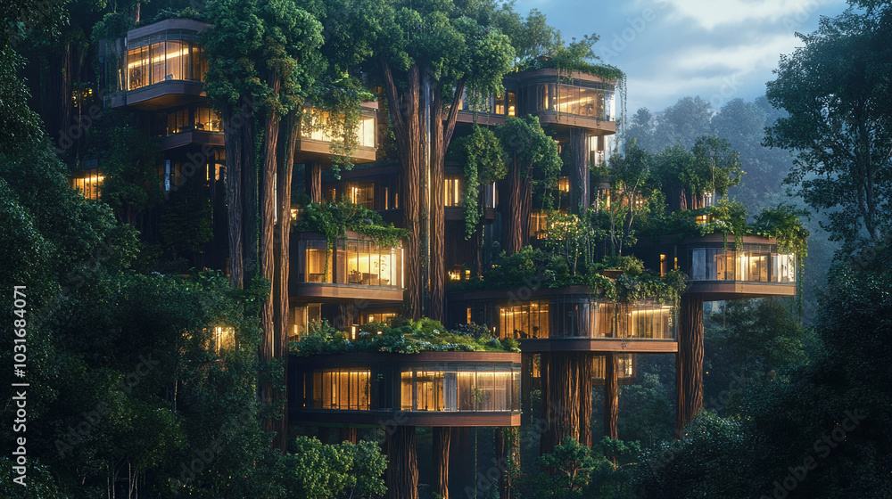 Wooden skyscrapers tower above a dense forest, blending nature and architecture in tranquil evening light Wooden skyscrapers tower above a dense forest, blending nature and architecture in tranquil evening light