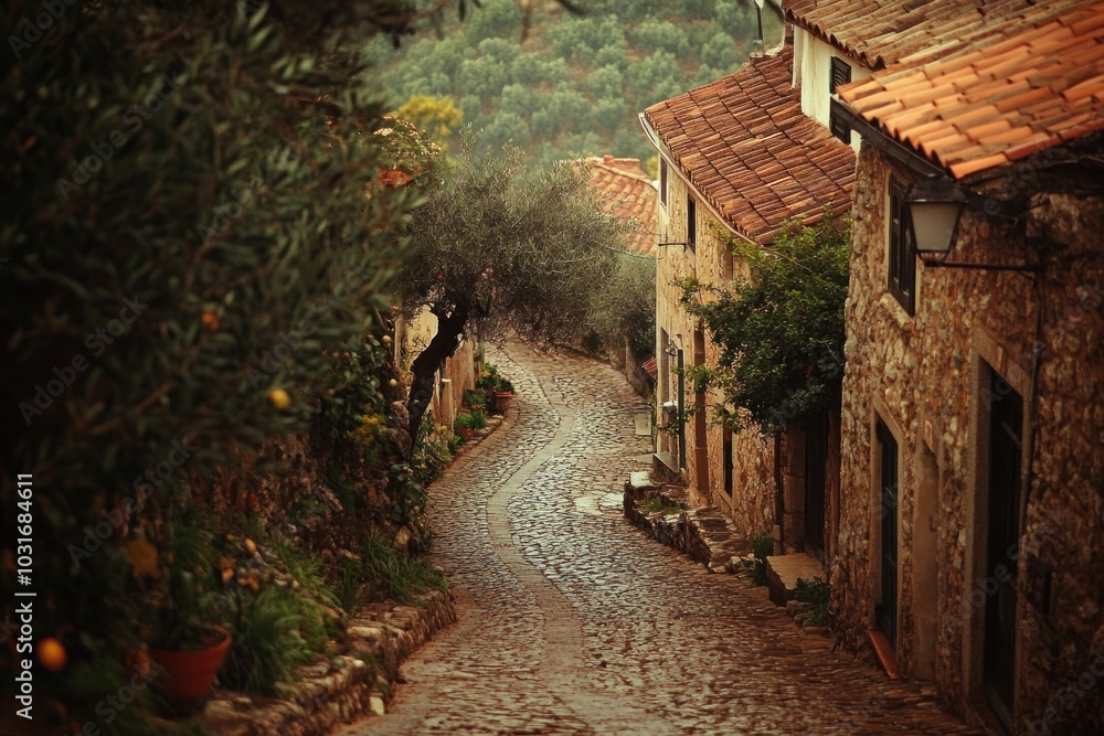 A winding cobblestone street lined with rustic stone houses and greenery. A winding cobblestone street lined with rustic stone houses and greenery.