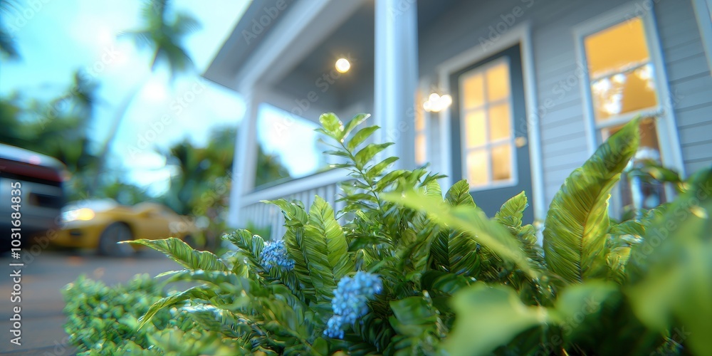 Lush Greenery Framing Modern House with Windows and Door Lush Greenery Framing Modern House with Windows and Door