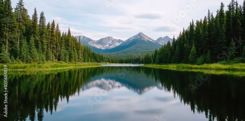 Tranquil mountain lake mirroring lush pine trees under a clear blue sky, a serene escape into nature's beauty.