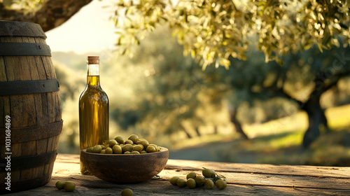 olive oil bottle olive tree background