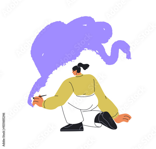 Artist painting and decorating wall. Female painter, decorator creating abstract modern art. Creative work process with brush strokes and paint. Flat vector illustration isolated on white background