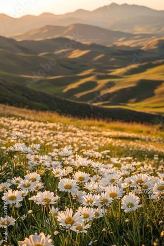 In the valley, there is an endless grassland with white daisies blooming on it. The golden light shines down from top to bottom and creates beautiful shadows.  photo