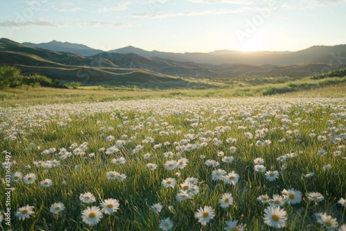 In the valley, there is an endless grassland with white daisies blooming on it. The golden light shines down from top to bottom and creates beautiful shadows.  photo