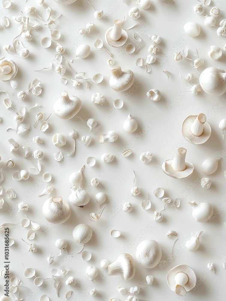 Mushroom caps and garlic cloves scattered artistically on white background Mushroom caps and garlic cloves scattered artistically on white background