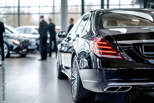 Elegant black luxury cars displayed in a modern showroom with customers preparing for test drives and sleek designs highlighted by shiny chrome wheels