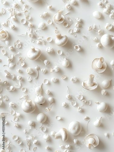 Mushroom caps and garlic cloves scattered artistically on white background