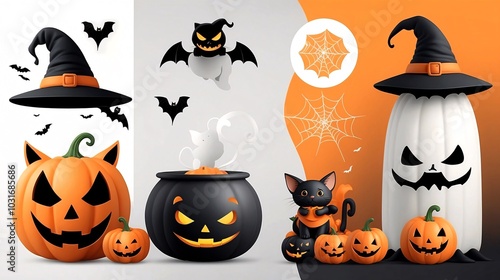 Happy Halloween party poster. Pumpkin in 3d illustration style. Frame, night clouds, Witch cauldron, spider web, flying ghost bat. Place for text. Brochure layout template background, night background