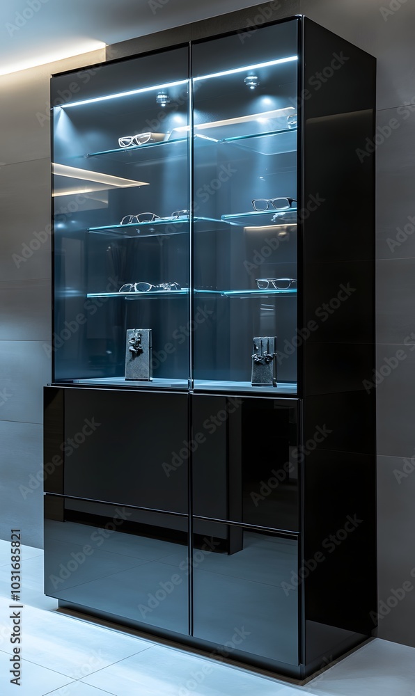 29. A sleek black display case against a bright wall 29. A sleek black display case against a bright wall