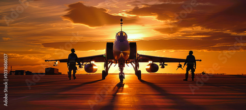 F20 fighter jet on the runway as pilot crew walks nearby, silhouetted against a stunning sunset sky in an ultra-realistic military setting photo