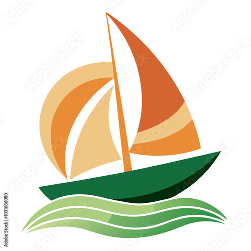 Sailboat Sunburst:  A stylized illustration of a sailboat with a bright orange sail and a sunburst behind it, sailing on a green wave.  The image evokes feelings of adventure, freedom.