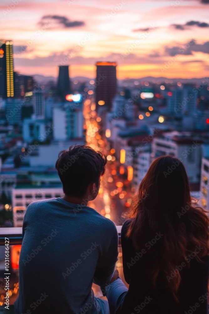 A couple enjoys a sunset view over a city skyline, capturing a moment of connection and tranquility.