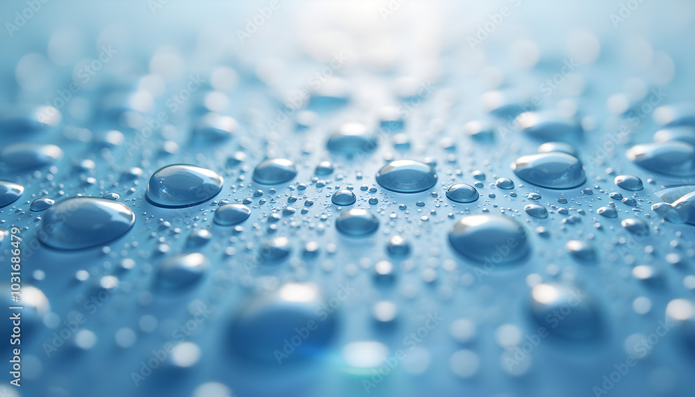 Crystal clear water droplets on smooth blue surface with copy space Crystal clear water droplets on smooth blue surface with copy space