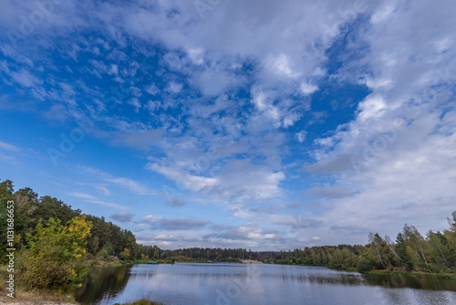 A calm lake with a blue sky in the background