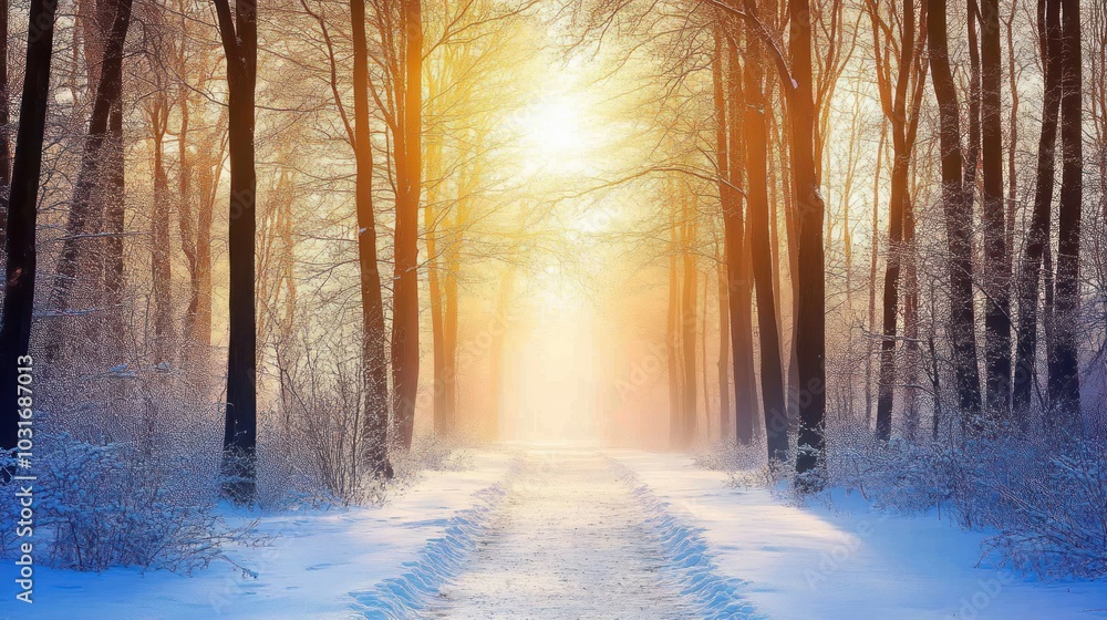 A serene winter forest path illuminated by soft sunlight through trees. A serene winter forest path illuminated by soft sunlight through trees.
